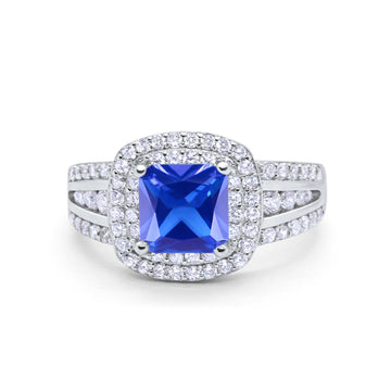 Halo Wedding Ring Princess Simulated Tanzanite CZ 925 Sterling Silver